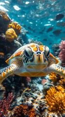 Fototapeta premium Colorful Sea Turtle Swimming in Coral Reef