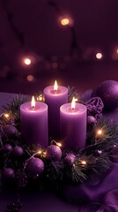 Purple Christmas Wreath with Candles and Ornaments