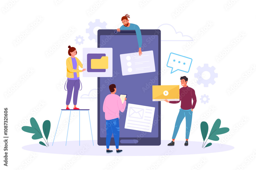 Poster people build mobile app. designer and developer making smartphone application interface prototype, s