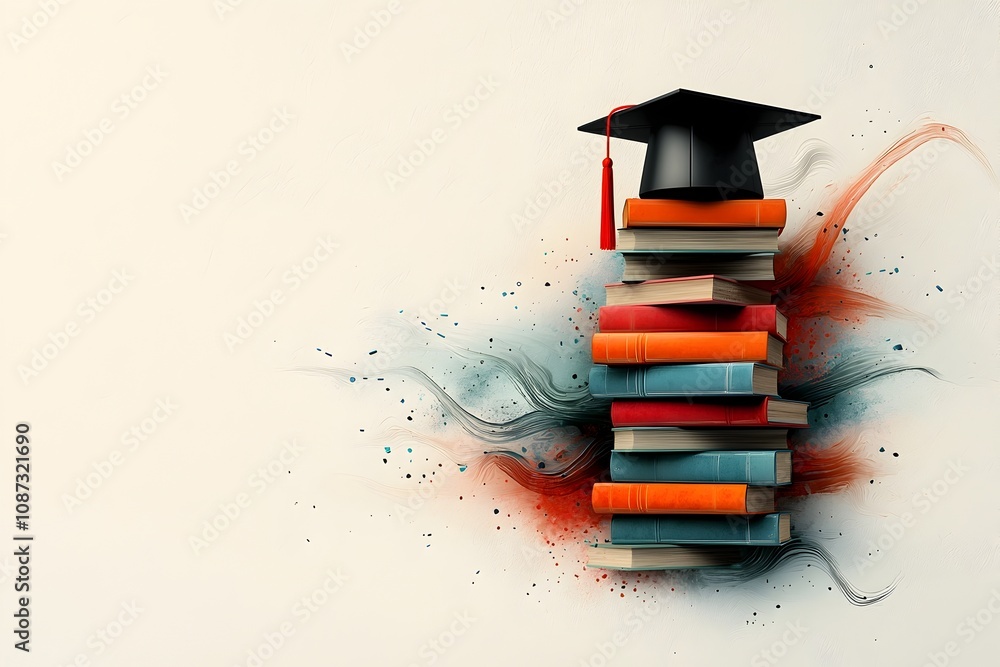 Poster minimalist abstract interpretation of a graduation cap balanced atop a tower of textbooks symbolizin