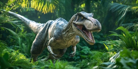 Fototapeta premium A dinosaur is running through a jungle. The jungle is lush and green