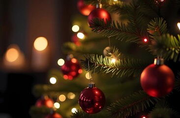 Obraz premium Christmas ornaments on a twinkling Christmas tree create a festive mood in a cozy room