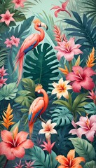 Naklejka premium Tropical exotic pattern with animal and flowers in bright colors and lush vegetation