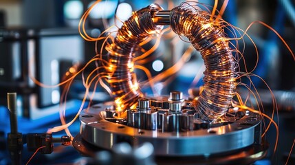 A detailed close-up of an electromagnet in a scientific lab, demonstrating how it attracts metal objects using electricity