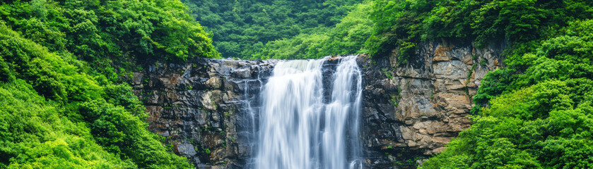 Fototapeta premium A stunning waterfall cascades down rocky cliffs, surrounded by lush green foliage, creating a serene and breathtaking natural landscape. Perfect for nature lovers.