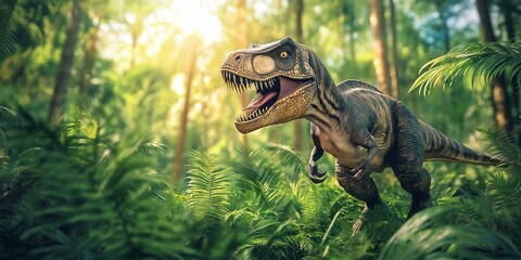 A large T-Rex is walking through a lush green forest. The scene is full of life and energy, with...