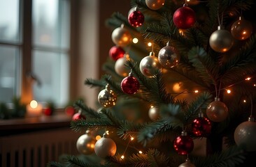 Christmas ornaments on a twinkling Christmas tree create a festive mood in a cozy room