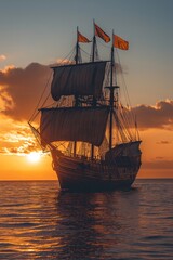 Fototapeta premium A large ship sails in the ocean at sunset. The sky is orange and the water is calm
