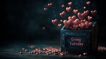 A heartfelt donation box on Giving Tuesday with floating hearts symbolizing the joy of giving and community support