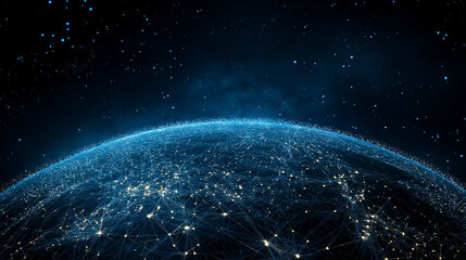 Global Network: A mesmerizing view of Earth from space, illuminated by a network of interconnected lines, symbolizing global connectivity and the intricate web of communication that binds us all.  