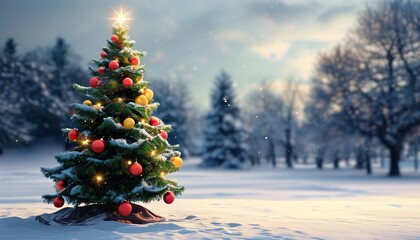 Beautifully lit outdoor christmas tree, festive holiday landscape and joyful seasonal decorations and cheer