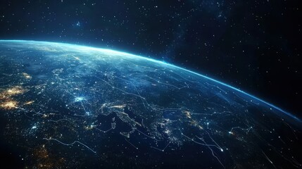 Night planet earth from space with light lines of communication and connection. Business and finance, concept. Global communications system and the World Wide Web. Technologies and communications.