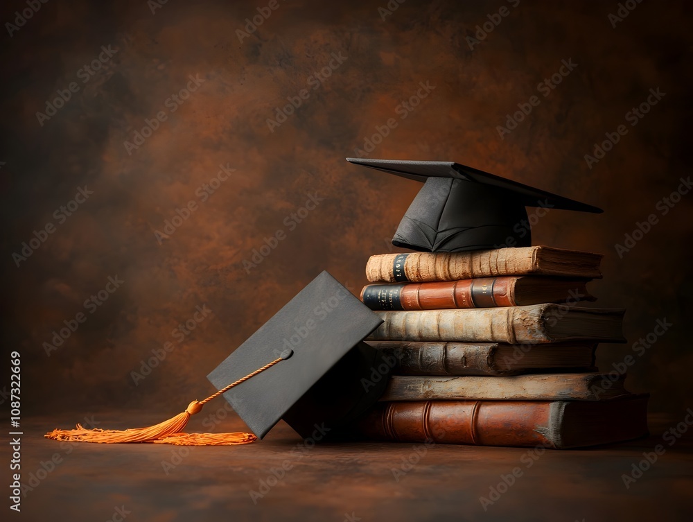 Poster serene contemplative image of a graduation cap gently resting on a stack of time worn books conveyin