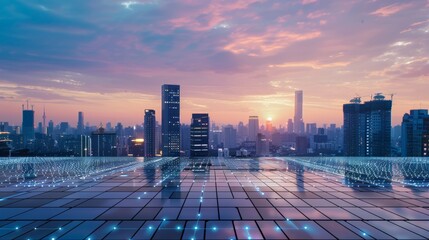 Empty square floor with city skyline background, City skyline with a cybernetic ecosystem, interconnected network of technology and infrastructure shaping the urban landscape