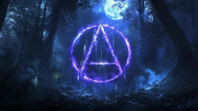 Glowing symbol emerges in a spooky forest at night, illuminated by the bright moon shining in the sky. The atmosphere exudes magic and mystery, enhancing the enchanting scene