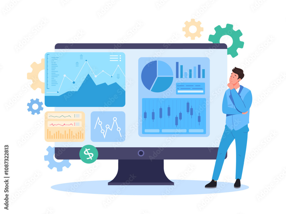 Poster professional data auditing. business analist inspecting kpi finance cost report spreadsheet dashboar