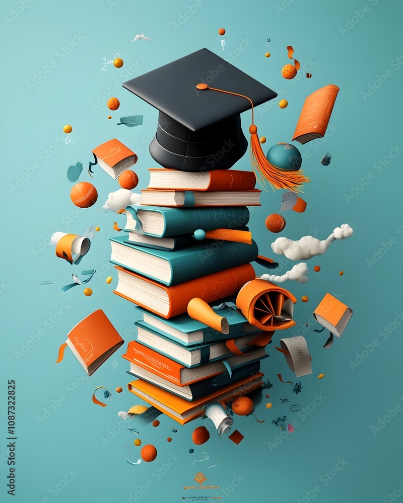 Poster a whimsical illustrated composition featuring a graduation cap playfully interacting with a stack of
