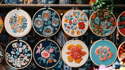 A creative scene of embroidery hoops on display, each featuring unique designs ranging from florals to abstract art