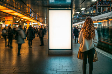 Femme de dos regardant un panneau blanc dans une gare