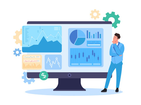 Professional data auditing. Business analist inspecting kpi finance cost report spreadsheet dashboard, financial manager analysis corporate budget coordination vector illustration