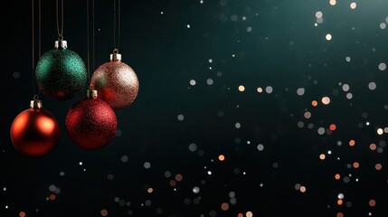 Elegant holiday ornaments in shades of red and green hang majestically against a festive backdrop adorned with soft, glowing bokeh lights, creating a joyous atmosphere.