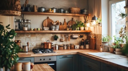 A cozy kitchen features earthy tones and natural wooden furniture creating a warm and inviting atmosphere perfect for home cooking