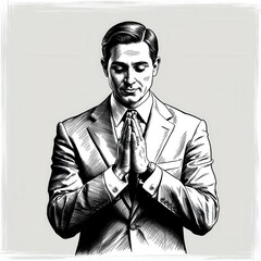 Obraz premium Scratch board imitation. A poised man in a suit with hands clasped in prayer, exuding calmness and contemplation against a minimalist background.