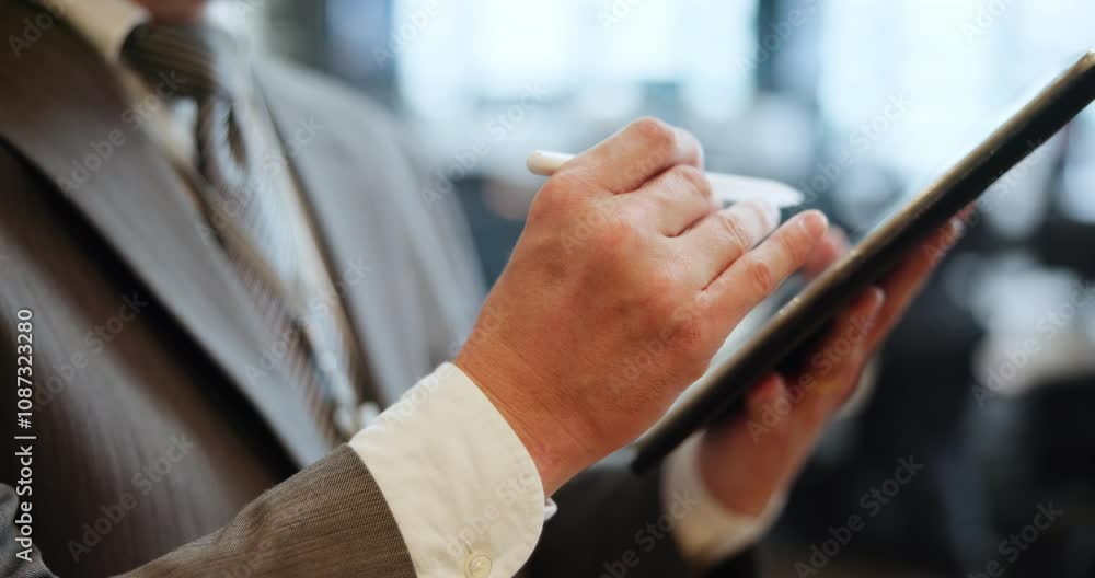 Poster Hands, businessman and tablet with pen for scrolling app in office for communication or networking. Male person, technology and connection for online, website and pr in corporate as community manager