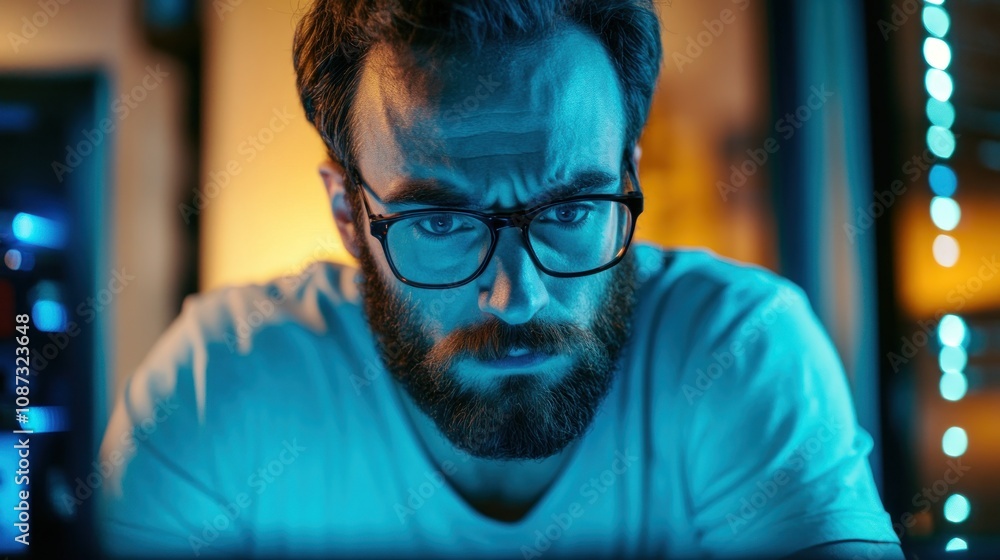 Poster a focused man with glasses working intently on a computer in a dimly lit room.