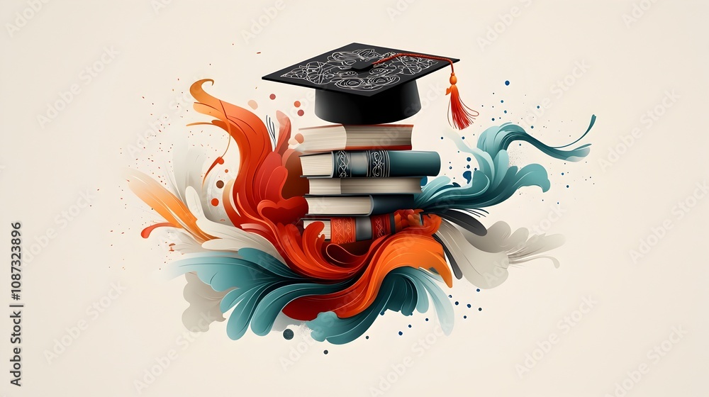 Poster vibrant manga inspired depicting a graduation cap adorned with intricate symbolic patterns floating 