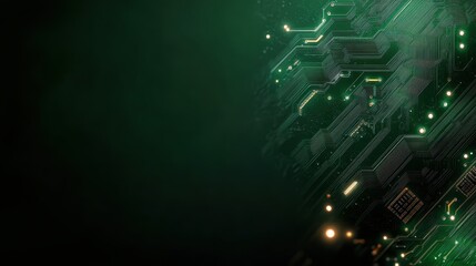 A green circuit board with glowing pathways symbolizes futuristic technology and digital connections on an abstract background, evoking innovation and progress.