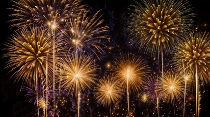 Fototapeta premium Fireworks background. New Year background with gold fireworks