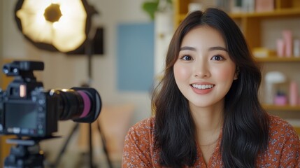 Smiling Asian woman vlogging. Beauty influencer concept.