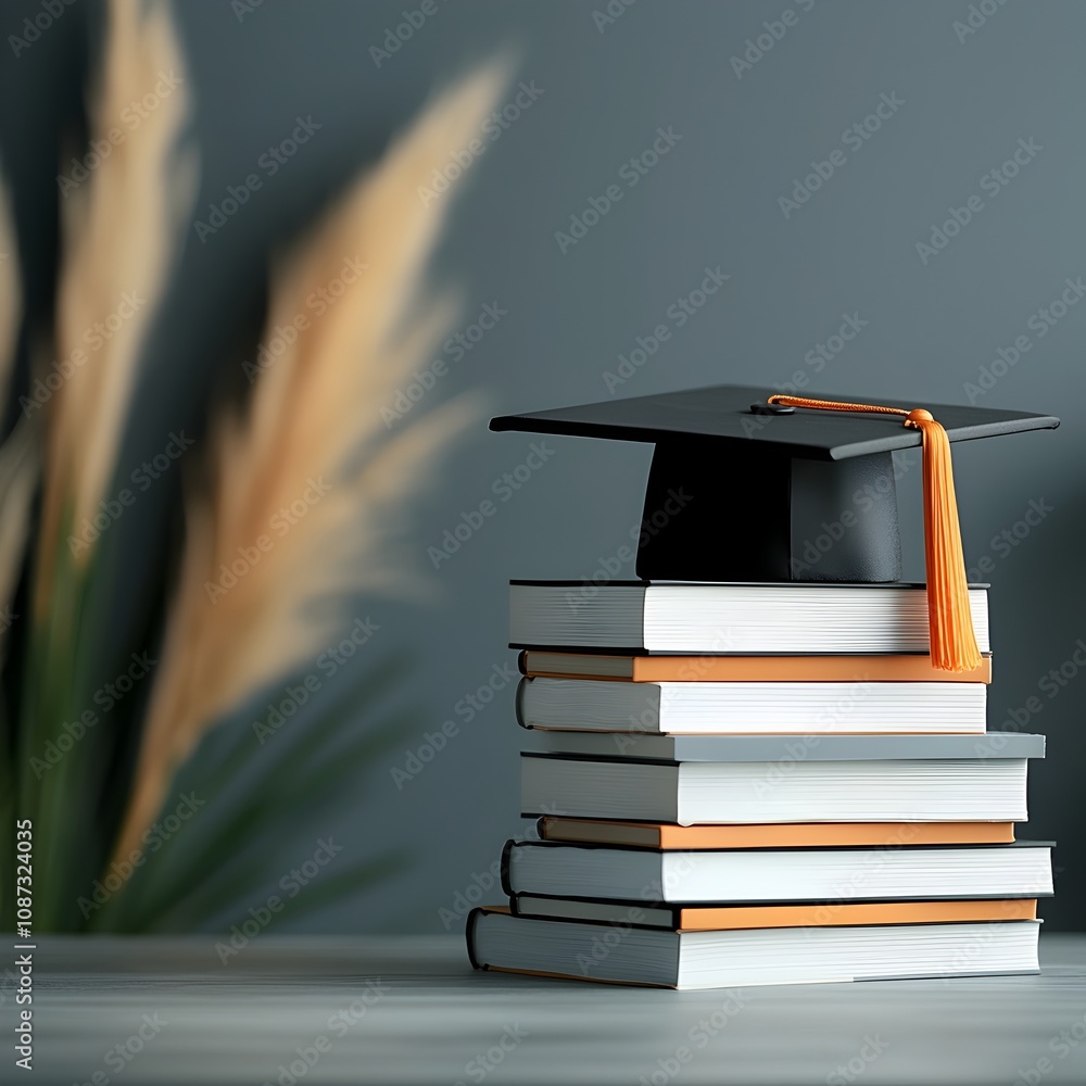 Poster a clean minimalist composition highlighting a freshly polished graduation cap resting upon a stack o