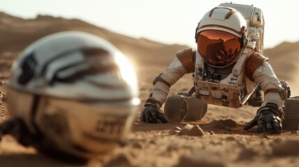 An astronaut in a dusty suit crawls across the Martian surface, focused on the horizon. A helmet lies in the dusty foreground, evoking survival and determination.