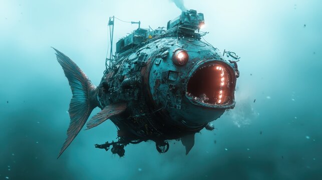 A steampunk fish-inspired submarine glides underwater, showcasing mechanical artistry, exploration themes, and a futuristic design with glowing elements.