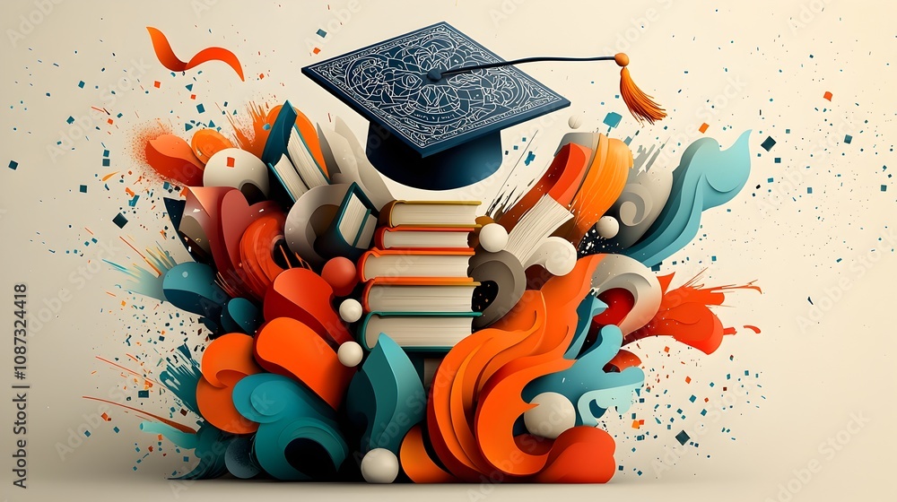 Poster vibrant manga inspired depicting a graduation cap adorned with intricate symbolic patterns floating 