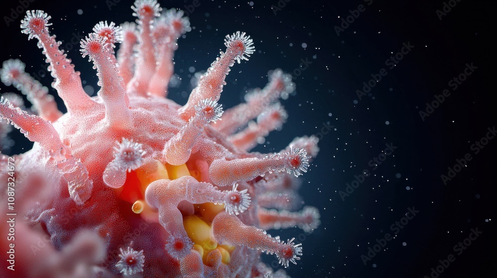 Poster close-up of virus particles with distinctive spikes