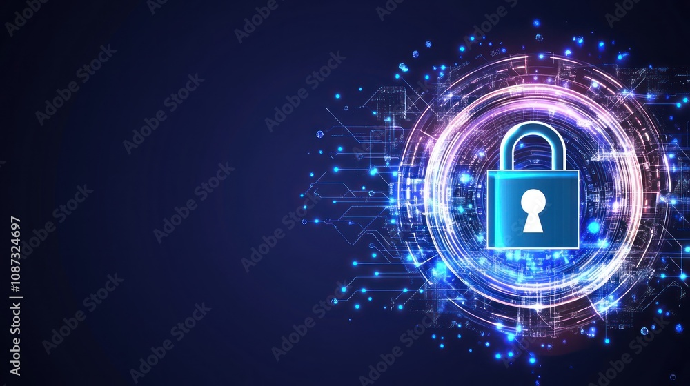 Aufkleber a digital padlock symbolizing cybersecurity and data protection on a tech-themed background.