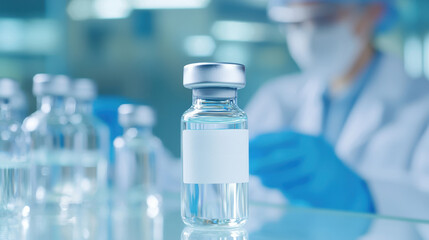 A clear glass vial sits in focus, surrounded by blurred vials, as a person in gloves prepares to handle them in a laboratory setting.