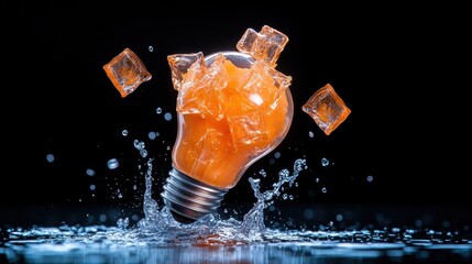 An orange light bulb surrounded by ice cubes and splashing water against a dark backdrop, embodying...