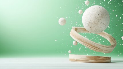A mesmerizing display of floating speckled spheres and a wooden ring creating an illusion against a soft green background, conveying mystery and innovation.