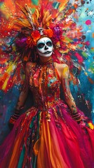 Fototapeta premium A female Hispanic model in a vibrant Day of the Dead costume with a painted skull face.
