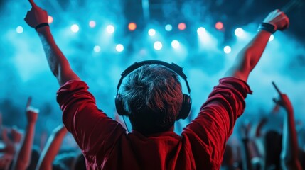 A man facing the stage, wearing headphones, with arms raised in joy, captures the electrifying...