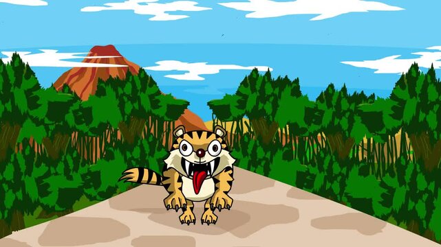 Animated video of a saber-toothed tiger running in the jungle, primitive, art.