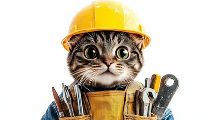 A cute tabby cat wears a hard hat and tool belt