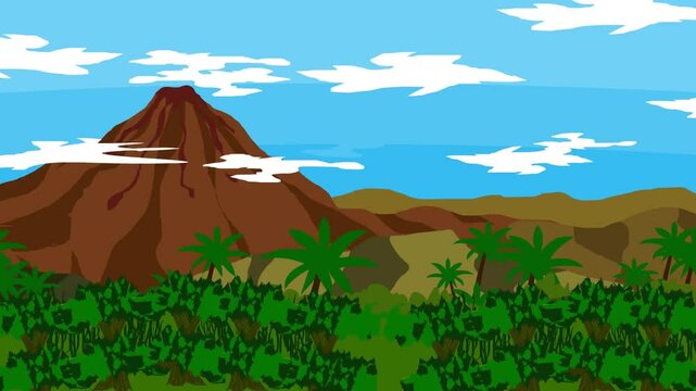 Animated video of pterodactyls flying and a tyrannosaurus rex running in the jungle, primitive, art.