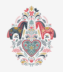 Vector Christmas composition with hand drawn holiday elements, snowflakes. Scandinavian folk ornament.