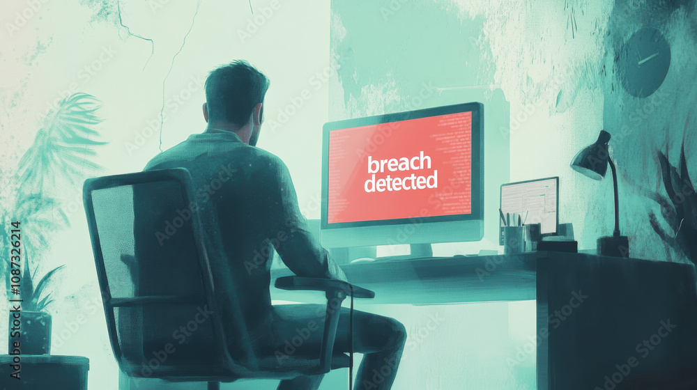 Poster victim of cybercrime. a man sits at a desk, facing a computer screen that displays a warning message