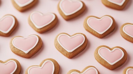 Obraz premium Heart-shaped cookies with pink icing arranged neatly on a light background, perfect for celebrations and sweet occasions.